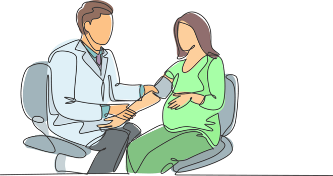 one-single-line-drawing-of-male-obstetrics-and-gynecology-doctor-checking-the-patient-blood-pressure-and-fetal-condition-pregnancy-health-care-concept-continuous-line-draw-design-illustration-png